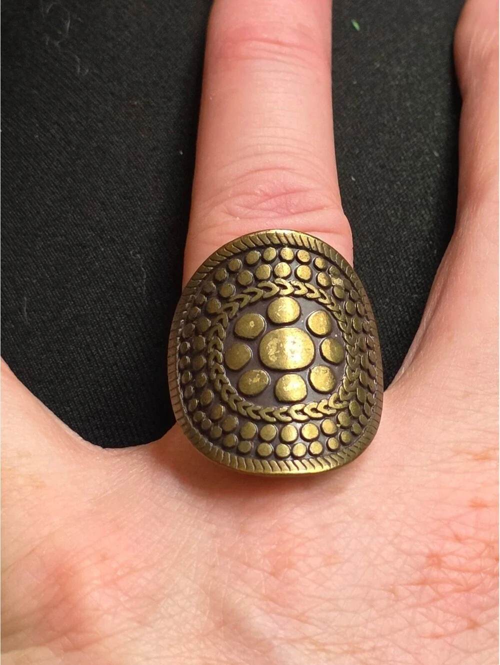 Vintage 1980's Brass Tone Textured Oval Shield Ring Adjustable